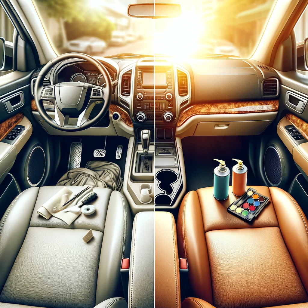 véhicule avec un côté sale avant nettoyage et un côté propre après rénovation intérieure automobile