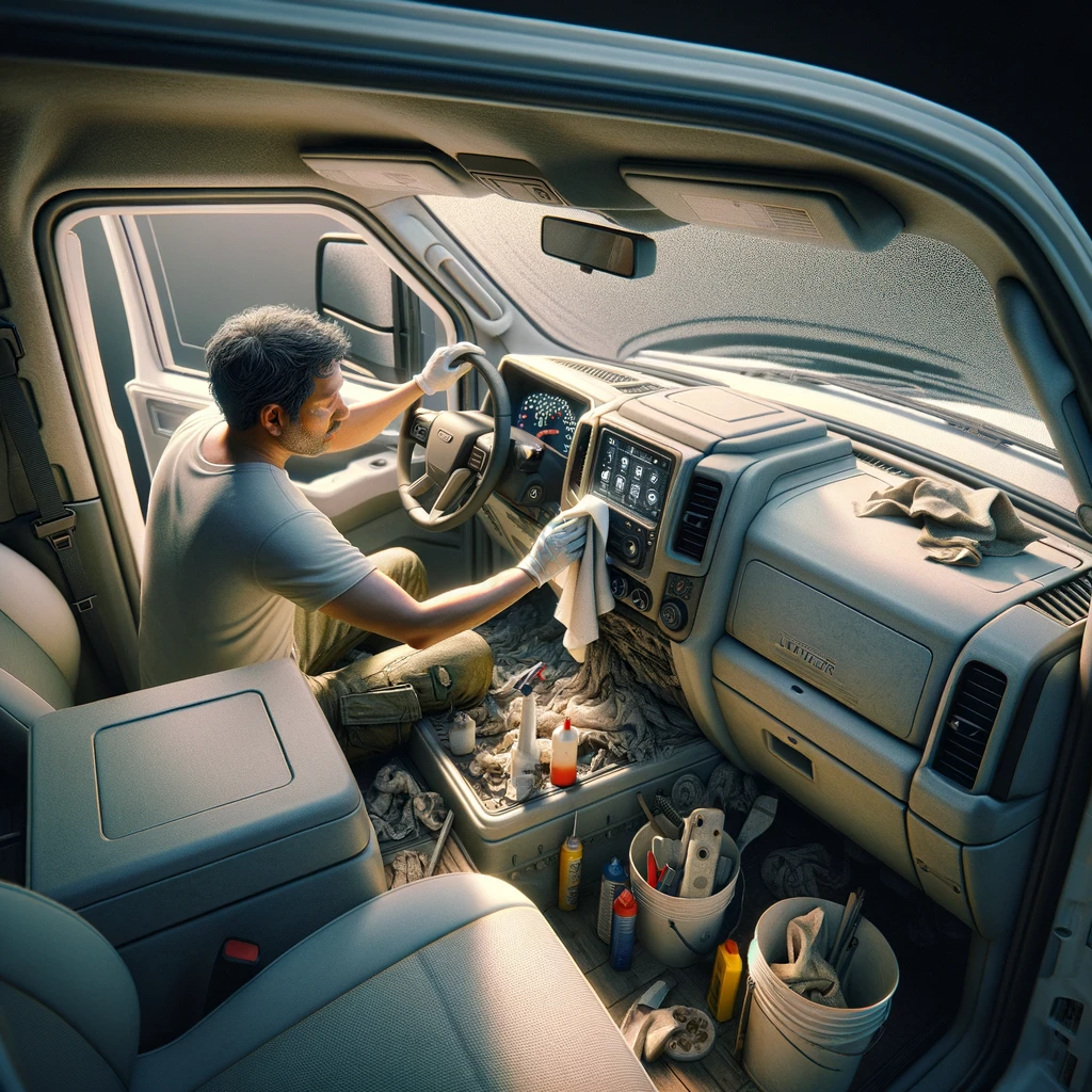 image d'un professionnel de la rénovation automobile qui lustre le tableau de bord d'un véhicule